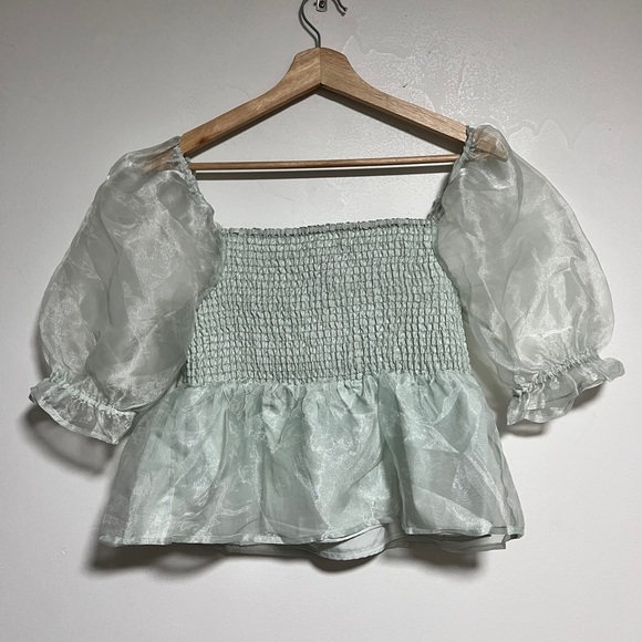 Japna Mint Green Puff Sleeve Smocked Peplum Top - Size M - Picture 7 of 10